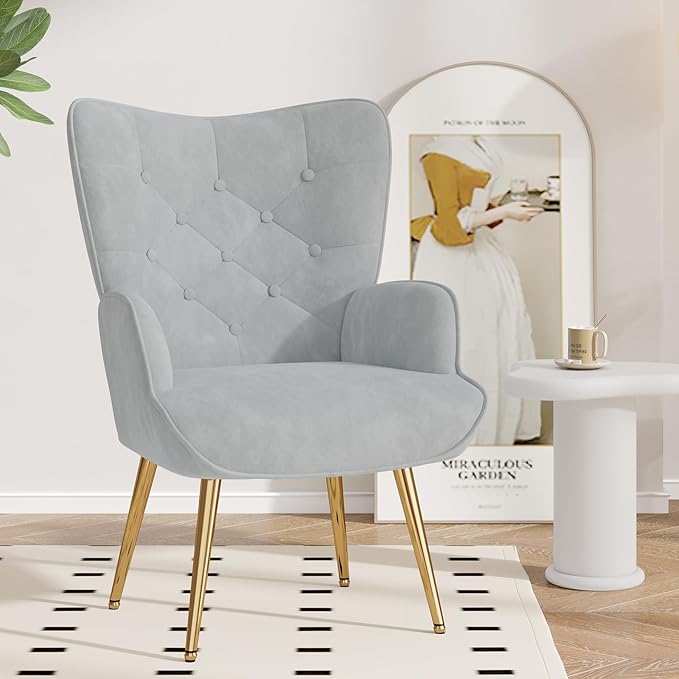 Nalupatio Mid Century Modern Velvet Accent Chair, Tufted Button High Back Chair, Upholstered Wingback Armchair with Metal Legs, High Back Side Chair for Living Room Bedroom, Grey