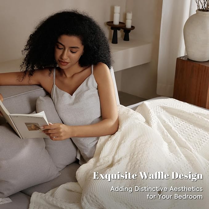 PHF 100% Cotton Waffle Weave Blanket King Size, Soft Lightweight Breathable Cozy Summer Blankets for Bed, Luxury Aesthetic Woven Bedding for Home Decor, 108"x90", Ivory