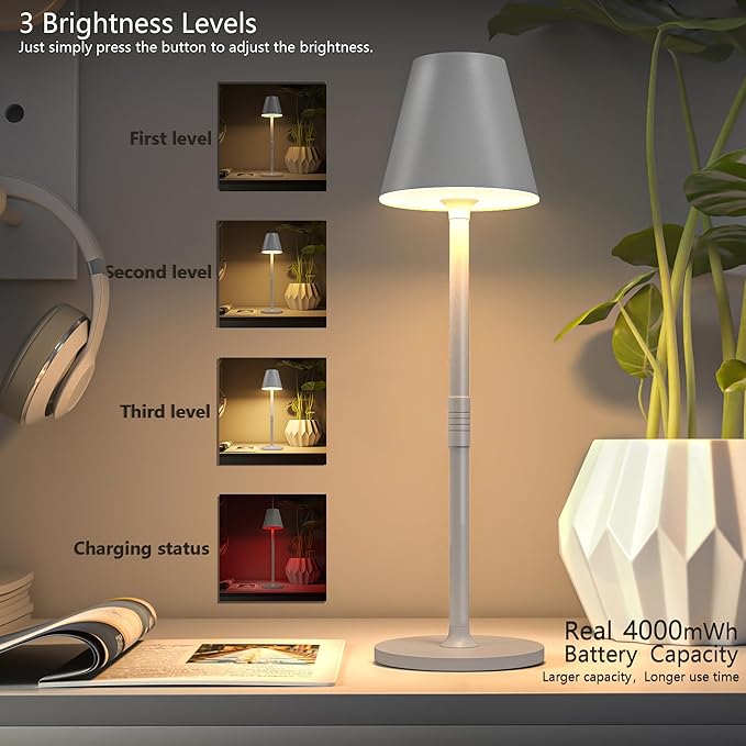 Modern LED Cordless Table Lamp, 4000mAh Rechargeable Battery, 3 Level Brightness Night Light, Metal Shell, Minimalist Design, for Couples Dinner/Coffee Table/Restaurant/Bedroom, White