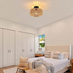 Boho Light Fixtures Ceiling Mount, Mini Boho Rattan Chandelier, Woven Flush Mount Ceiling Light Fixture for Hallway Bedroom Kitchen Entryway Living Room Nursery