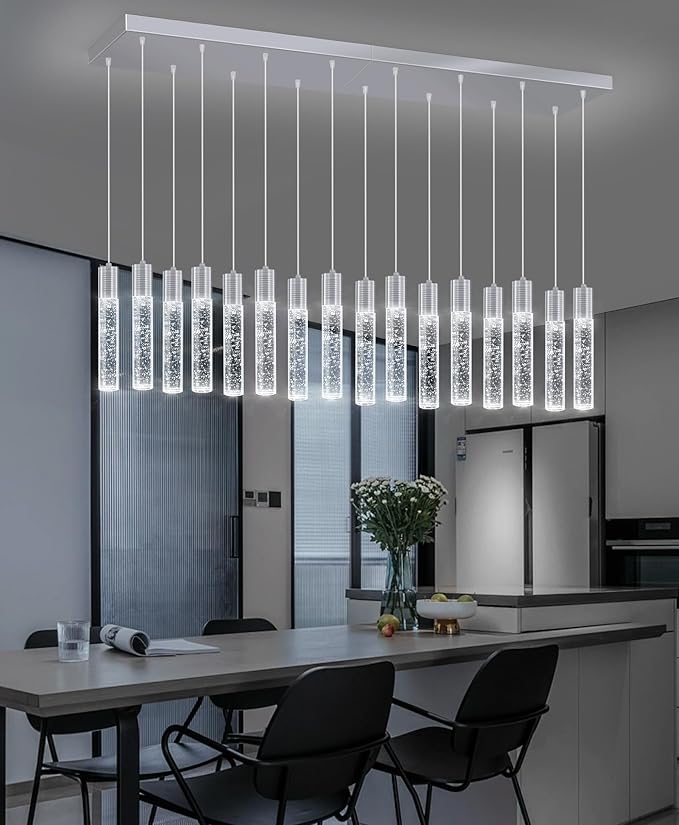 16-Lights Modern Crystal Rectangular Chandeliers LED Pendant Light for Kitchen Island High Ceiling Chandelier for Dining Room Entrance Foyer Living Room Silver