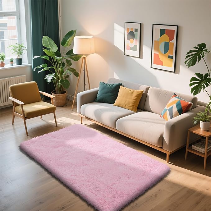 Shag Area Rug for Bedroom 3x5,Pink Fluffy Area Rugs for Living Room,Soft Fuzzy Rug Non-Shedding Indoor Plush Carpet for Kids Bedroom Nursery Dorm Home Decor