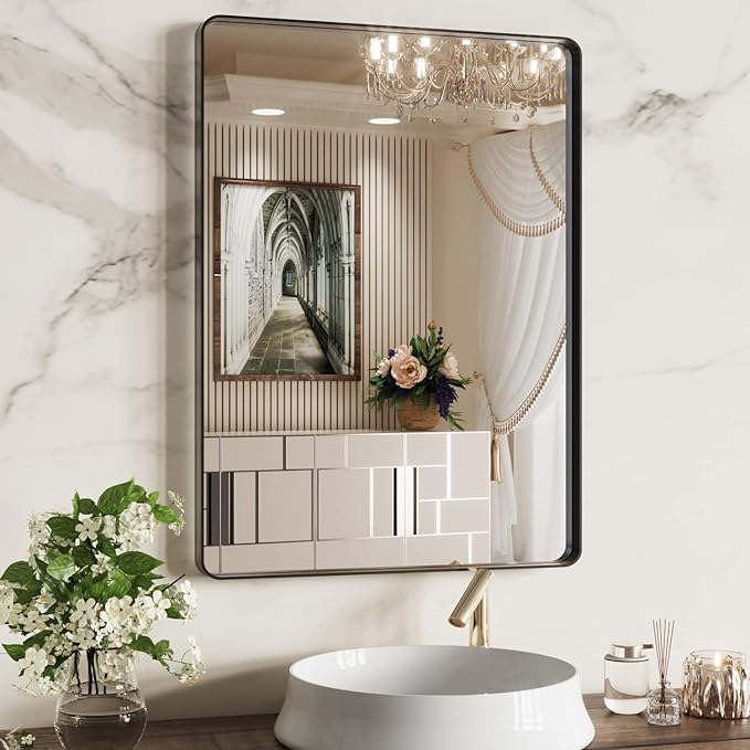 WEER Black Bathroom Mirror 22X30 Inch, Rounded Rectangle Matte Black Bathroom Vanity Mirror, Black Metal Framed Mirror for Wall, Tempered Glass, Anti-Rust, Hangs Horizontal or Vertical