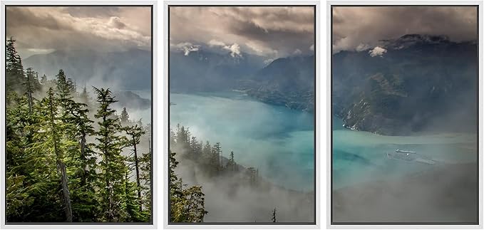 SIGNWIN 3 Piece Framed Canvas Wall Art Foggy Mountains Canvas Prints Home Artwork Decoration for Living Room,Bedroom - 24"x36"x3 White
