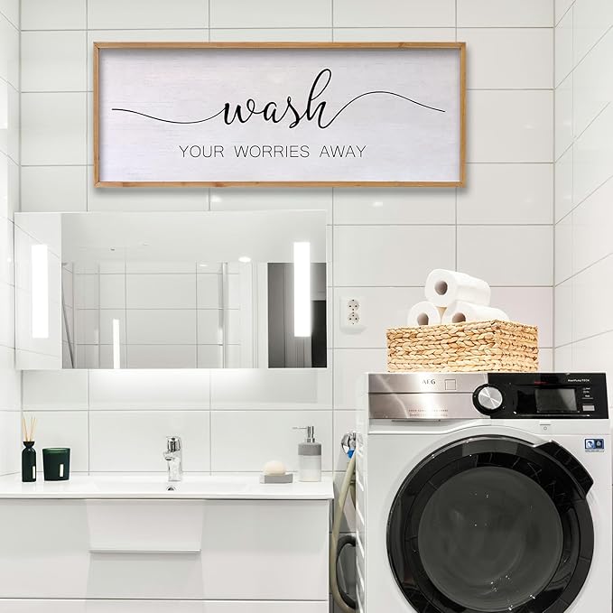Wash Your Worries Away Bathroom Wall Art 24×10 Inch Wood Framed Decor Funny for Laundry Room Restroom Modern Rustic Inspirational Sign (Wood)