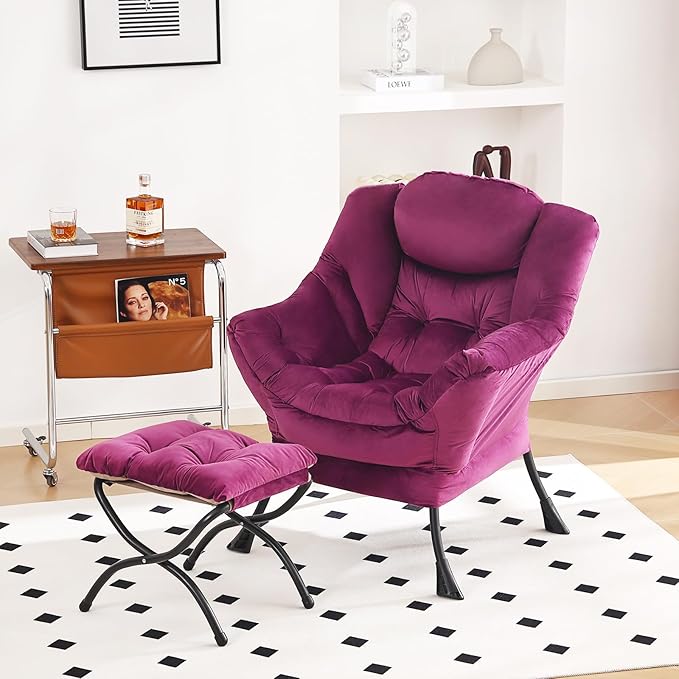 Lazy Chair and Ottoman, Large Accent Lounge Chair with Armrests and a Side Pocket, Modern Leisure Upholstered Sofa Reading Armchair with Footrest for Bedroom, Living Room, Dorm Rooms, Office