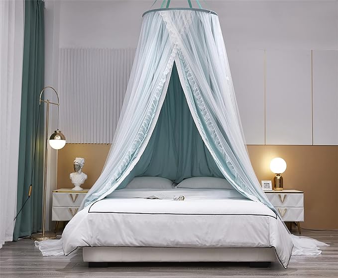 VETHIN Double Layer Princess Round Dome Canopy Bed Curtain for Girls Adults,Children Dreamy Mosquito Net,Cute Bedroom Decoration Castle Play Tent Reading Nook Canopies (Dome-Green/White)