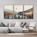 Tinonedraw Boho Mountain Framed Canvas Wall Art Set, Watercolor Nature Landscape Wall Decor, Black Pine Forest Artwork, Modern Sunrise Art Prints for Living Room, Bedroom, Office 16"x24"x3