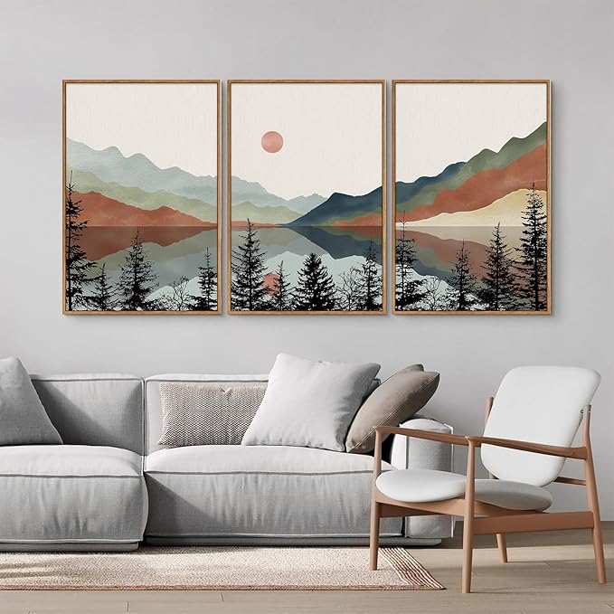 Tinonedraw Boho Mountain Framed Canvas Wall Art Set, Watercolor Nature Landscape Wall Decor, Black Pine Trees Forest Artwork, Neutral Modern Sunrise Art Prints for Living Room Bedroom Office 24"x36"x3