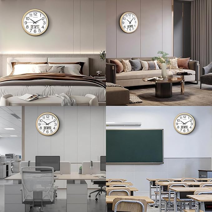 Wall Clock, 11 Inch Non-Ticking Silent Battery Operated Quartz Analog with LCD Display for Perpetual Calendar and F° Temperature, Ideal Modern Home, Bedroom, Kitchen, Office Décor (Gold)