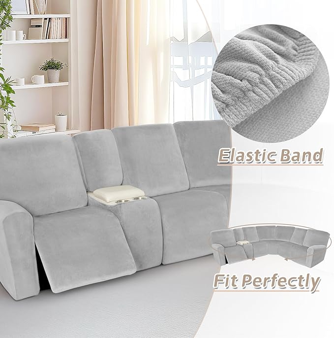 Arfntevss Sectional Recliner Couch Covers Velvet Washable Corner Sectional Sofa Cover for Reclining Stretch Soft Thick L Shape Recliner Slipcover Set (5 Seat with 1 Console Cover, Silvery Gray)