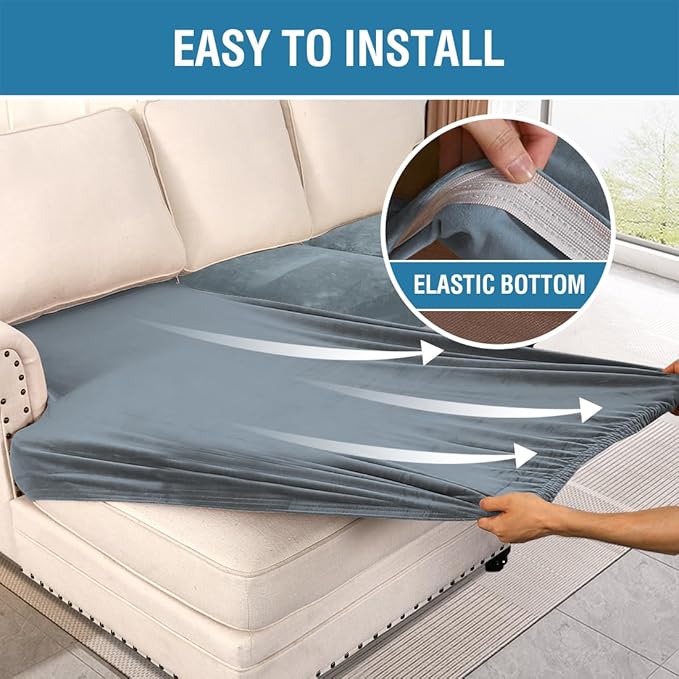 H.VERSAILTEX Velvet Stretch Sectional Couch Covers - 4 Piece Sofa Seat Cushion Set - L Shape Separate Cushion - Both Left/Right Couch Chaise Cover - Large Sofa 3 Seater + 1 Chaise, Stone Blue