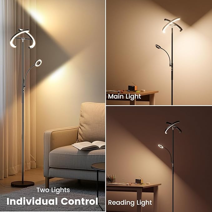 Upgraded 2-in-1 LED Floor Lamp - Dimmable Mother-Daughter Standing Lamp with Remote&Touch Control, 29W Bright Floor Reading Light, Black Modern Standing Light for Living Room Bedroom Office