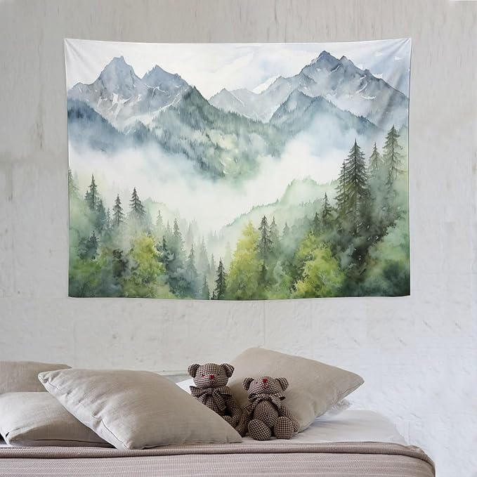 HZOHNAGO Mountain Tapestry Misty Green Forest Mountain Pattern Printed Wall Tapestry Wall Hanging for Bedroom Living Room Dorm 40" W x 30" H