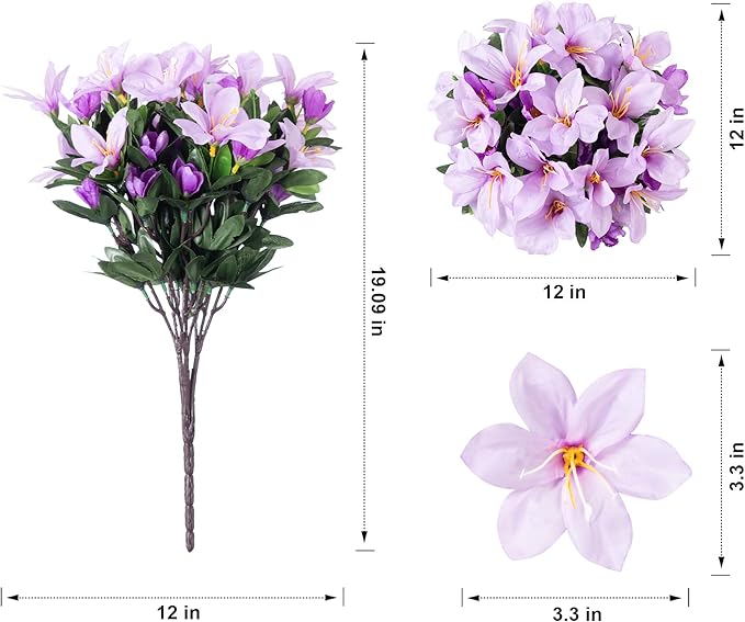 Artificial Flowers for Outdoors, 3 Bundles Fake Silk Azalea Bouquet Faux Flower Plants Outside Decoration UV Resistant Realistic Fake Flowers for Planter Front Door Patio Garden Walkways Home, Purple