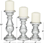 Deco 79 Traditional Mango Wood Pillar Candle Holder, Set of 3 10", 8", 6"H, Silver