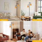 9MMML Rattan Floor Lamp for Living Room, Boho Floor Lamp with 2 Hanging Wicker Lamp Shade, 67'' Farmhouse Dimmable Black Standing Lamp with Rotary Switch for Bedroom, 2 x 800LM LED Bulbs Included