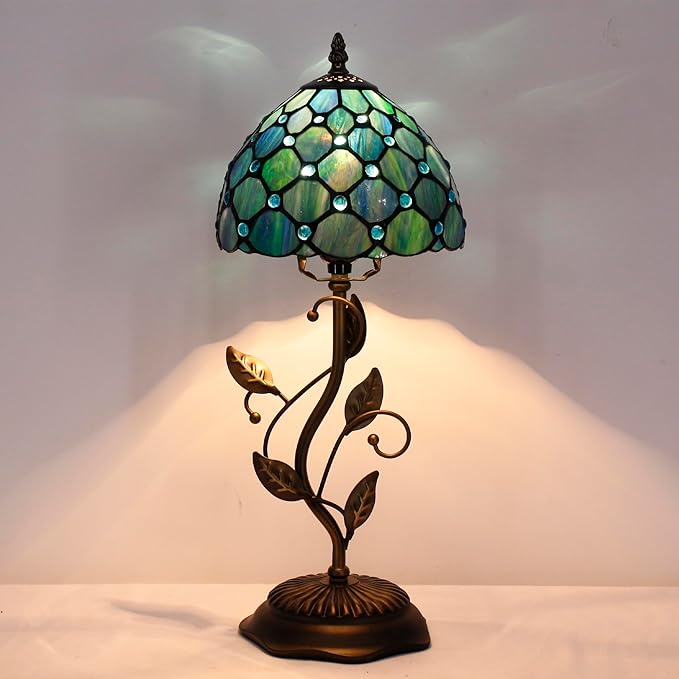 Small Tiffany Lamp Sea Blue Pearl Style Stained Glass Table Lamp Metal Leaf Accent Desk Memory Lamp Sympathy 8X20 Inch