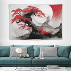 Cherry Blossoms Tapestry, Japanese Red Landscape Asian Watercolor Abstract Art, Bedroom Living Room Decor 90"x60"