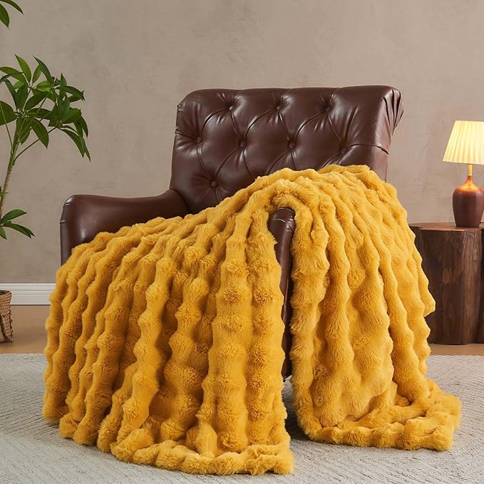 Lotus Karen Faux Fur Throw Blanket Ginger Yellow - Big Bubble Rabbit Fluff Blanket for Couch Bed Sofa,Softest Fluffy Fuzzy Cozy Blanket,Thick Furry Plush Shaggy Warm Blankets for Women,108x90 Inches