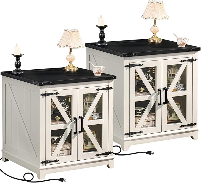 Farmhouse End Table with Charging Station Set 2, 24" Large Sofa Side Table with Glass Barn Door,White Nightstand with Adjustable Storage Shelf,Wood Square Bedside Table for Living Room,Bedroom