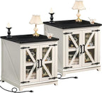 Farmhouse End Table with Charging Station Set 2, 24" Large Sofa Side Table with Glass Barn Door,White Nightstand with Adjustable Storage Shelf,Wood Square Bedside Table for Living Room,Bedroom