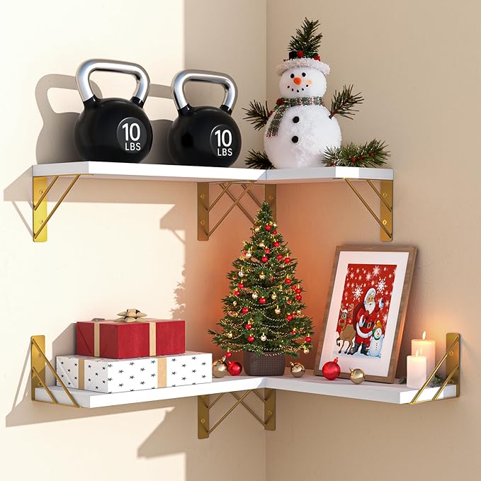 BAYKA Wall Shelves for Bedroom Decor, Floating Wall Shelves for Living Room Kitchen Storage, Wall Mounted Rustic Wood Shelves for Kids Books,Corner Shelves for Bathroom(White and Gold，Set of 3)