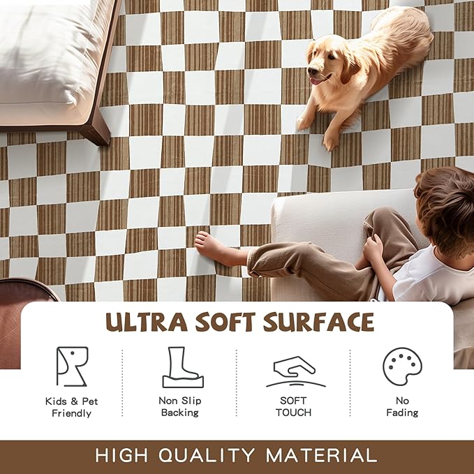 jinchan 6x9 Brown Checkered Area Rugs for Kids Room - Machine Washable Rug Modern Neutral Geometric Lattice Soft Non-Slip Carpet for Nursery Playroom Classroom Living Room Bedroom Home Office