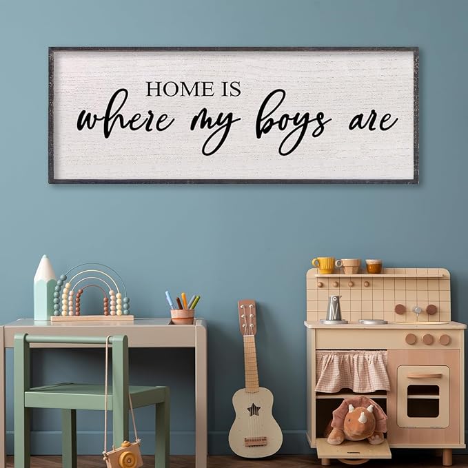 Home Is Where My Boys Are Wall Decor 40"×15" mom and her boys Sign for boys room Playroom Large Wood Framed Wall Hanging Art (Black)