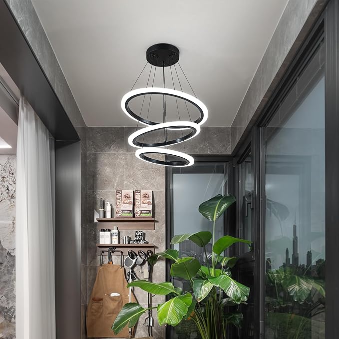 O'NEELDY Modern 3 Ring LED 52W Black Pendant Light with Irregular Ring Lights Adjustable Hanging Lamp for Dining Room Bedroom Kitchen Island Cafe