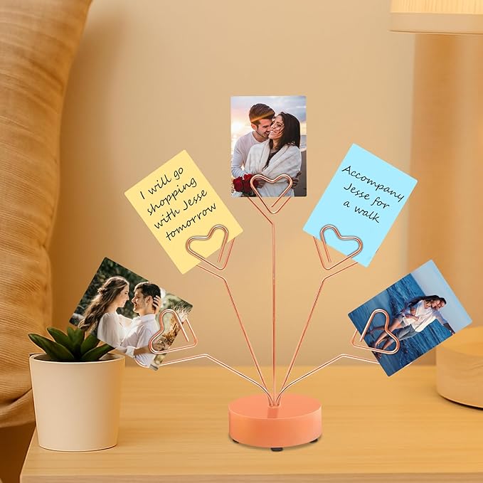 Desktop Heart-Shaped Photo Tree Style Holders Round Base,5-Branch Family Picture Frame Clips Holder Desk Card Display Stand for Christmas,Wedding, Birthday Party,Gift (Rose Gold)