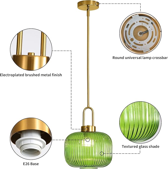 Modern Green Glass Pendant Light Fixtures, Mid Century Pendant Lights for Kitchen Island, 9.8" Gold Adjustable Height Ceiling Hanging Light Fixtures for Dining Room Entryway Bedroom Foyer Hallway