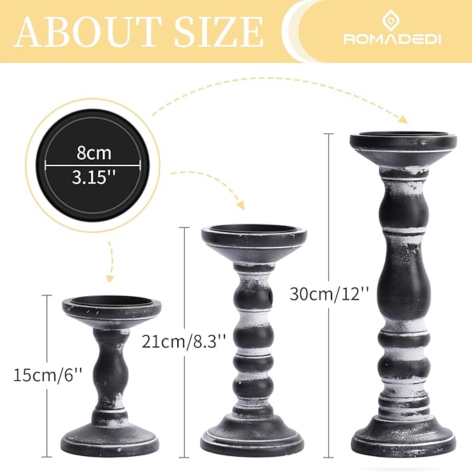 Candle Holder for Pillar Candles: Romadedi Set of 3 Decorative Wood Candlestick Holders, Rustic Wooden Candle Stand for Fireplace Mantle End Table Shelf in Farmhouse Style, Black 6”, 8.3”, 12”