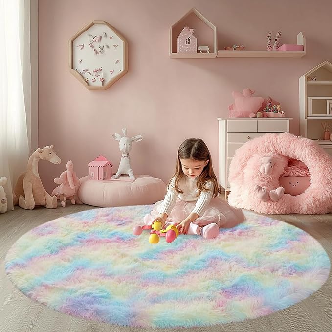 Round 5x5 ft Fluffy Rainbow Rug: Ultra Soft Furry Girls Bedroom Carpet- Colorful Oval Plush Shag Nursery Rug for Girls Room & Kids Room, Cute Home Decor