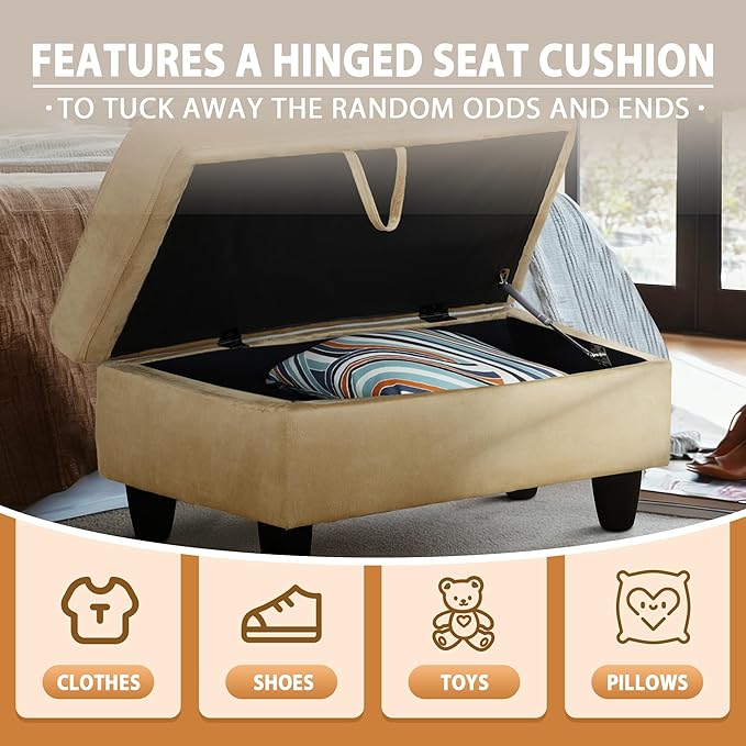 Ottoman Rectangular Storage Ottoman Bench, Flannel Footrest Stool Footstool with Lid for Living Room, Bedroom, Entryway, Light Brown, 28.5"x19"x17.5"