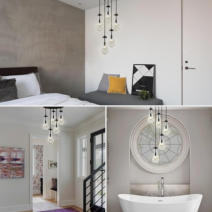 Raindrop 5 Light Cluster Pendant Lights, Black High Ceiling Chandeliers Adjustable, Living Room Pendant Light, Foyer Chandeliers, Stairwell Pendant Lighting, Bedroom Chandelier,E12 including bulb