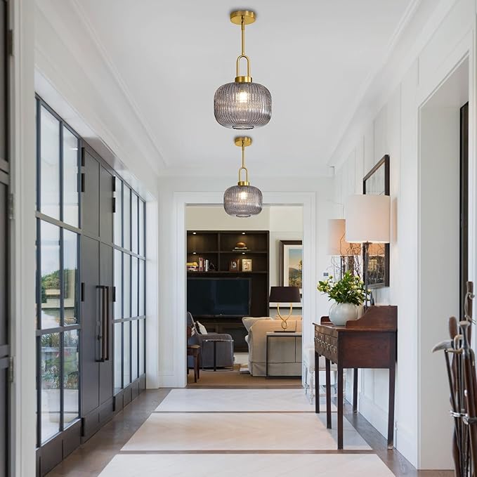 Modern Smoky Gray Glass Pendant Light Fixtures, Mid Century Pendant Lights for Kitchen Island, 9.8" Gold Adjustable Height Ceiling Hanging Light Fixtures for Dining Room Entryway Foyer Hallway