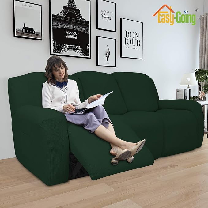 Easy-Going 8 Pieces Recliner Sofa Stretch Sofa Slipcover Sofa Cover Furniture Protector Couch Soft with Elastic Bottom Kids, Spandex Jacquard Fabric Small Checks Dark Green