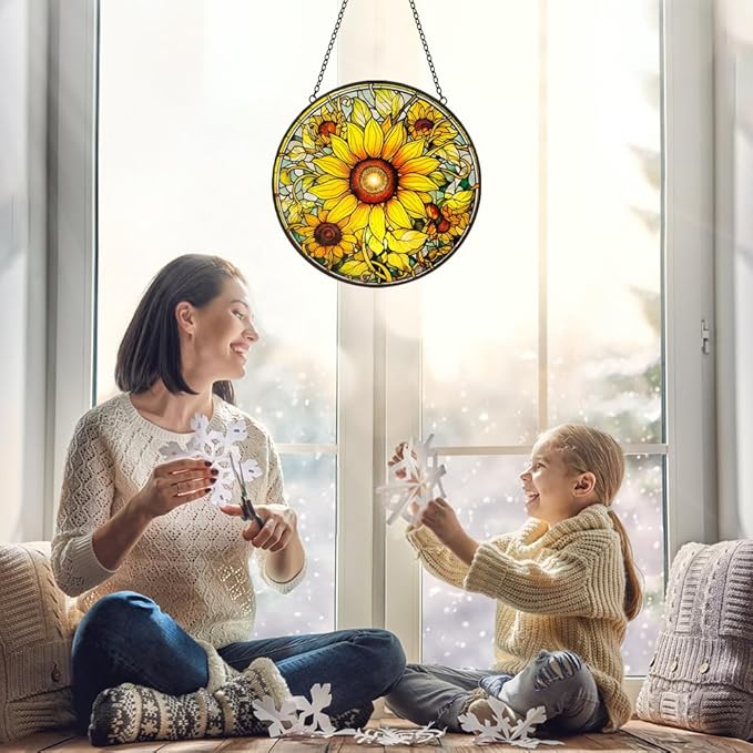 Sunflower Suncatcher Stained Glass Window Hanging Ornaments - 8” Handmade Sun Catchers Indoor Window Outdoor Garden Decor - Wall Art Sun Flower Glass Panel with Hooks - Sunflower Gifts for Women Mom
