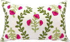 Alysheer Flower Embroidered Summer Decorative Lumbar Throw Pillow Cover 12"x 20", Farmhouse Cottage Hot Pink Floral Green Leaves Patterned Cotton Canvas Cushion Case for Sofa Couch Bed Living Room