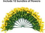 Artificial Mums for Outdoors Fake Fall Flowers Plants for Autumn Decoration, 12 Bundles Silk Morning Glory with Eucalyptus Look Real UV Resistant Yellow Faux Mums for Outside Planters Front Door Yard