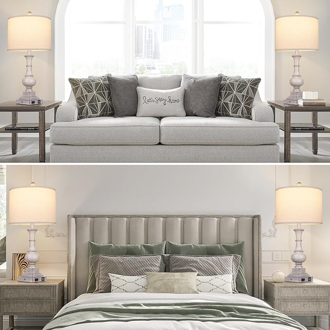 Farmhouse Lamps Set of 2, 26" Vintage Rustic Touch Control Bedside Lamp with USB A+C Ports & AC Outlet, 3-Way Dimmable Boho Nightstand Lamp Washed Resin Linen Fabric Shade for Living Room Bedroom Grey