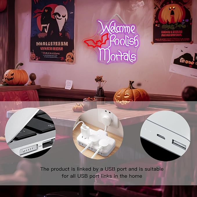 WLHOPE Welcome Foolish Mortals Halloween Neon Sign LED Neon Signs for Wall Halloween Decor Light Up Sign for Wall Decor Party Door Windows Bar Man Cave Decoration USB Powerd 16.1x12.6inches