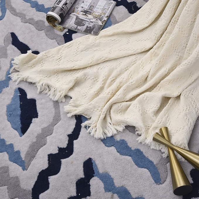 Simple&Opulence 100% Cotton Throw Blanket for Bed, Couch, Boho Luxury Geometric Knit Woven Blanket with Tassels Soft Lightweight Cozy Breathable, Vintage Farmhouse Decoration for All-Season(White)