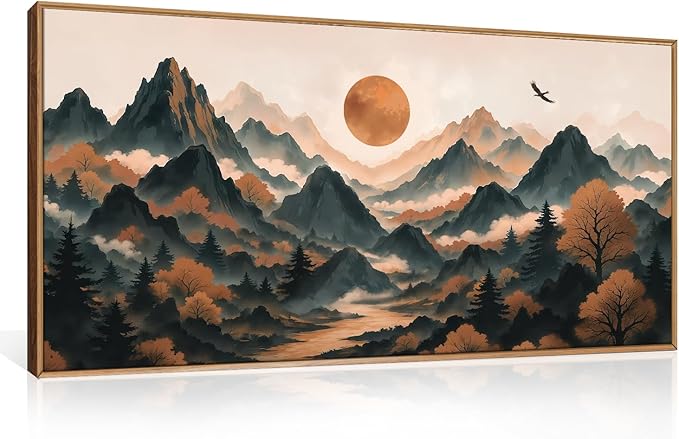 Large Boho Mountain Framed Canvas Wall Art Set, Brown Ridge Landscape Wall Decor, Pine Tree Scenery Wall Painting, Abstract Wilderness Art Print for Living Room, Bedroom, Office - 20X40