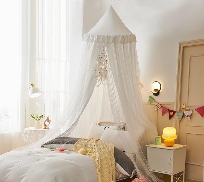 VETHIN Bed Canopy for with Lights,Double Layer Princess Round Dome Dreamy Mosquito Net Bedding Girls Room Castle Play Tent Hanging House Decor Reading Nook Canopies(White/White)