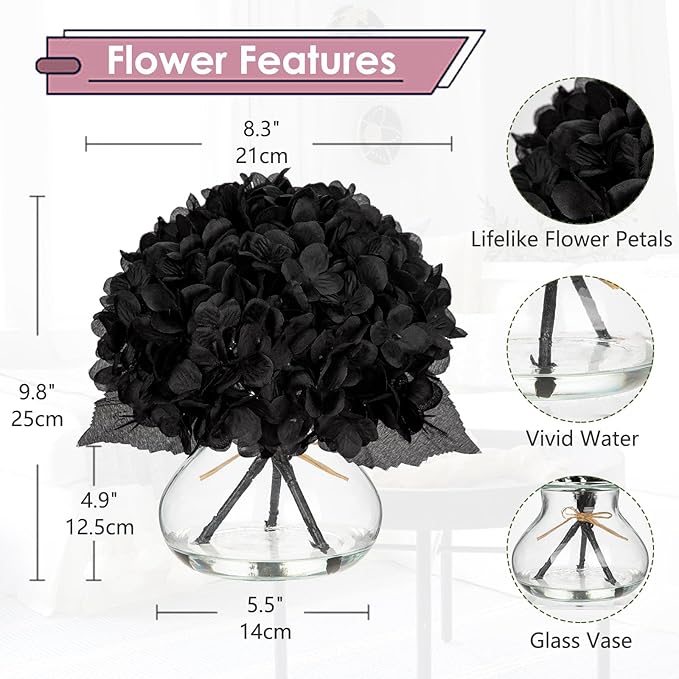 Hollyone Hydrangea Fall Flowers Artificial for Decoration with Glass Vase Black Silk Faux Flowers Arrangements in Vase with Faux Water Fake Floral Bouquet Table Centerpiece Fall Decorations for Home