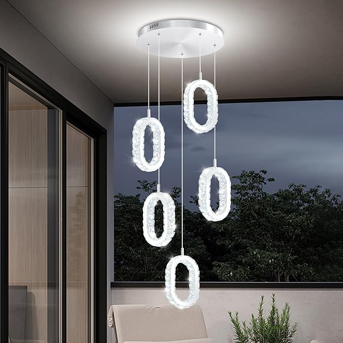 Silver 5-Light Chandelier Pendant Light for Kitchen Island, Dimmable Oval Crystal Ring Chandelier for Dining Room, Hallway, Entryway, Passway, Bedroom, Balcony Living Room