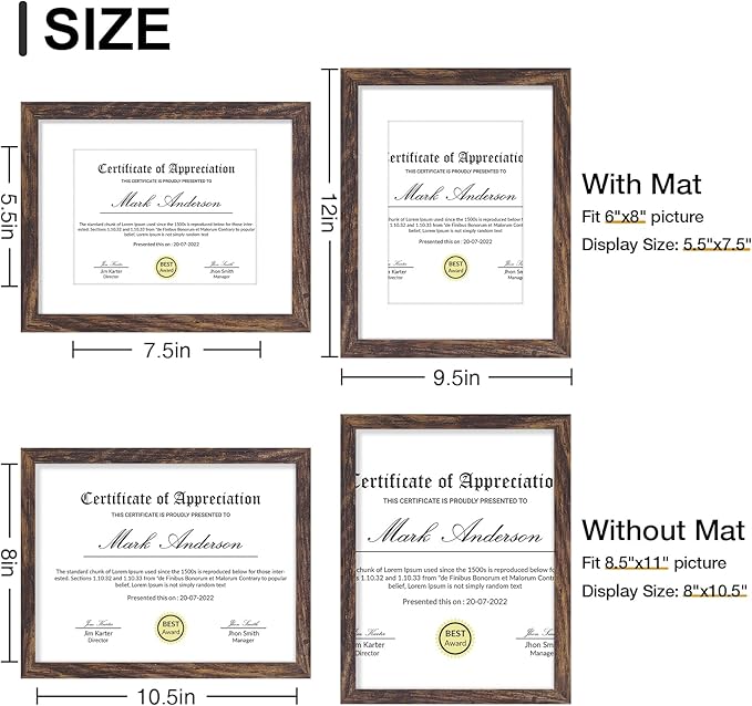 Vittanly 8.5x11 Picture Frames Set of 9, Shatter Resistant Plexiglass, Display 6x8 Pictures with Mat or 8.5x11 without Mat, Photo Frames for Wall or Tabletop, Engineered Wood, Brown