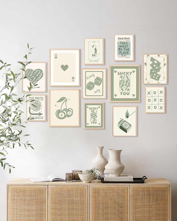 KBKBART Green Lucky Poster Set of 12, Retro Sage Green Playing Card Wall Art, Trendy Green Wall Art Aesthetic Pictures, Poker Room Decor, Funky Ace Card Prints Queen of Hearts Decor, Lucky You Poster for Bedroom Dorm Decor - UNFRAMED